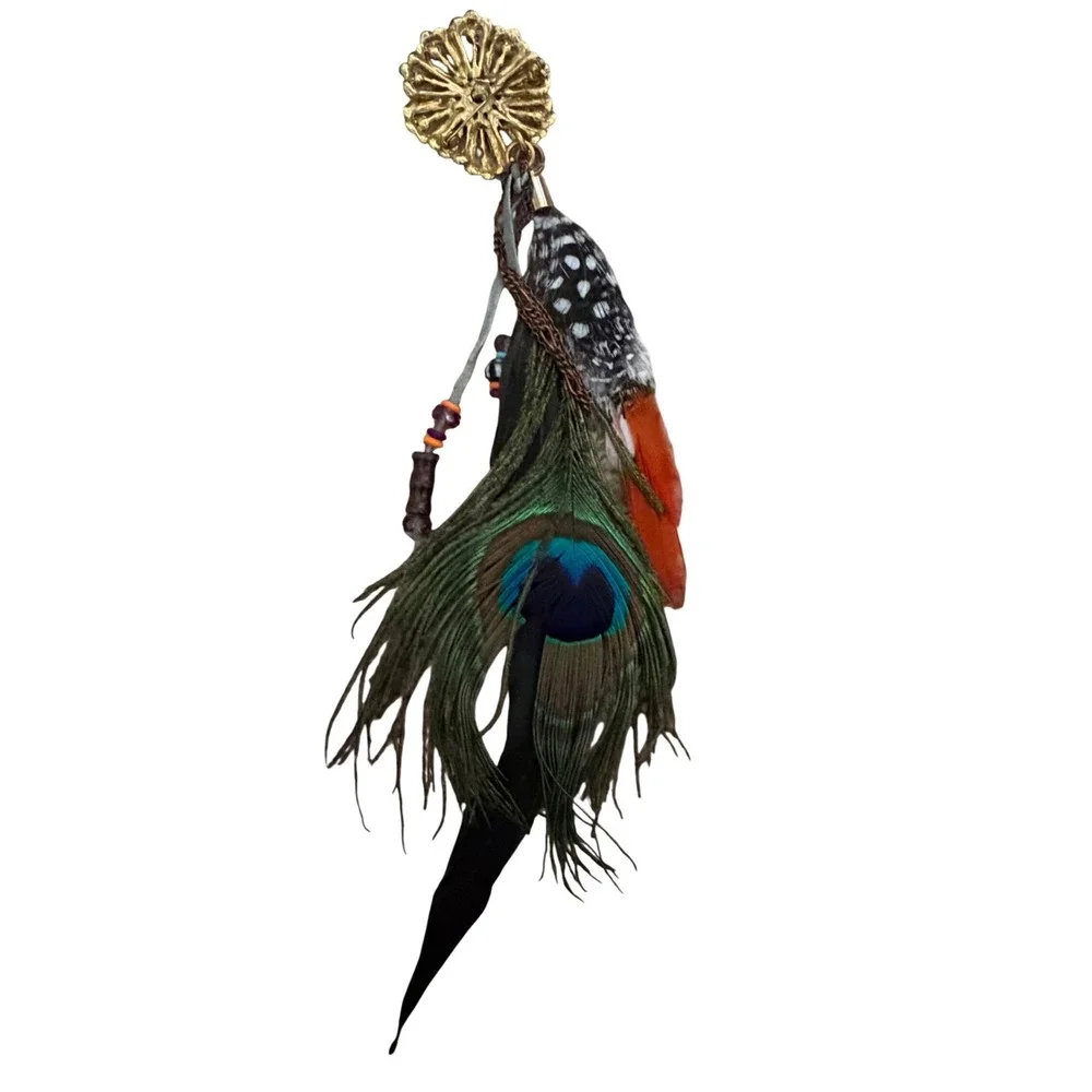 Boho Peacock Rhinestone Feather‎ Brooch Pin Gold Tone Multicolor Festival Party